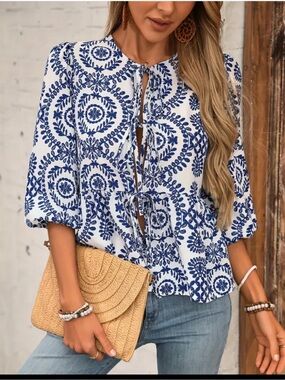 Boho Tie-Front Peasant Top in Blue and White